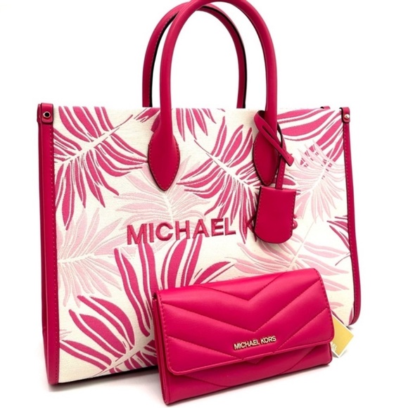 Michael Kors Medium Mirella Tote Bag & Large Trifold Wallet Electric Pink Multi - Picture 2 of 14